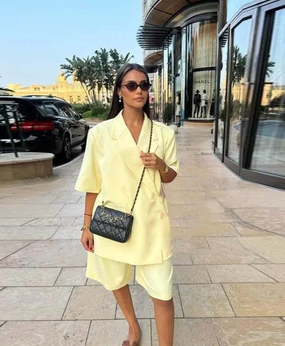 Casual One Button Slit Suit Women Loose Solid Lapel Short Sleeve Pockets Jackets  Summer Lady All-match Commute Outwear New