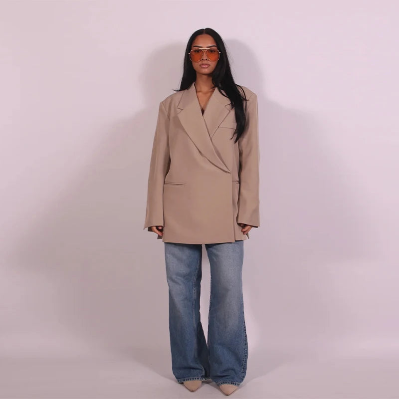 Casual One Button Slit Suit Women Loose Solid Lapel Short Sleeve Pockets Jackets  Summer Lady All-match Commute Outwear New
