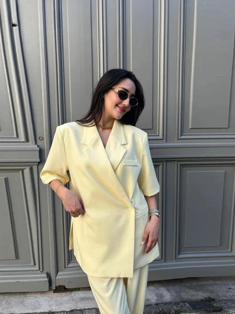 Casual One Button Slit Suit Women Loose Solid Lapel Short Sleeve Pockets Jackets  Summer Lady All-match Commute Outwear New