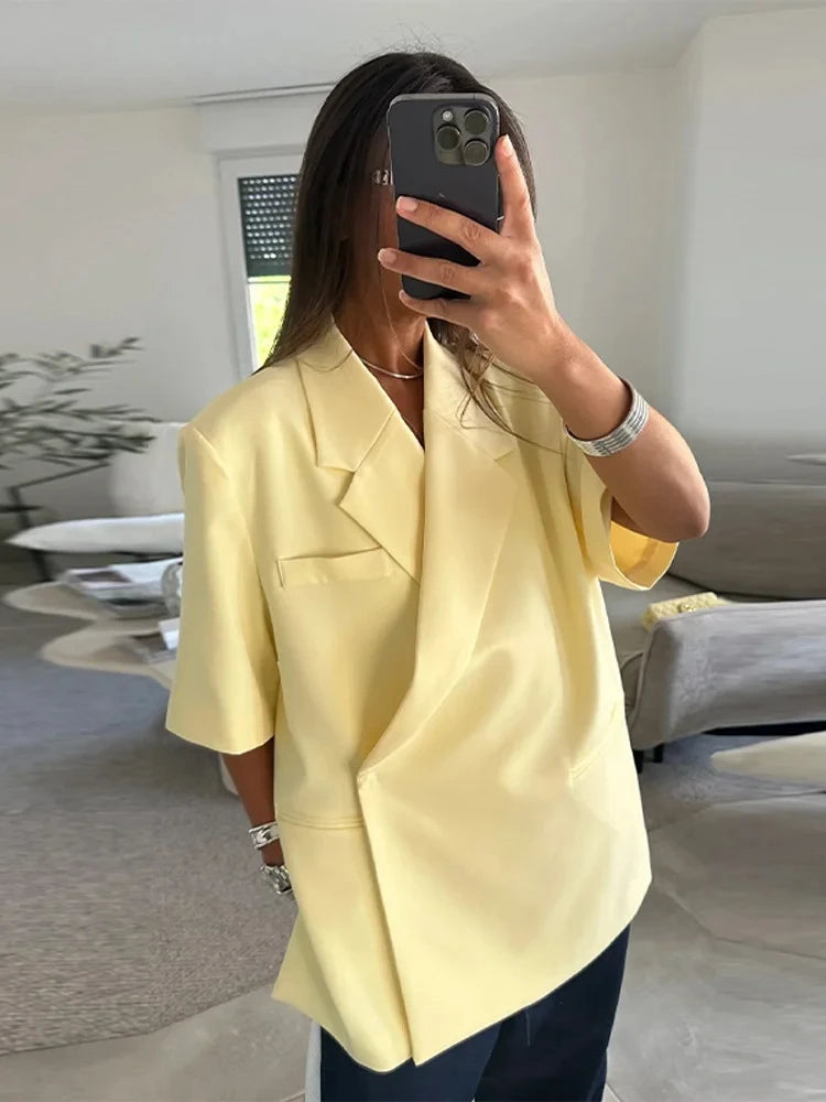Casual One Button Slit Suit Women Loose Solid Lapel Short Sleeve Pockets Jackets  Summer Lady All-match Commute Outwear New