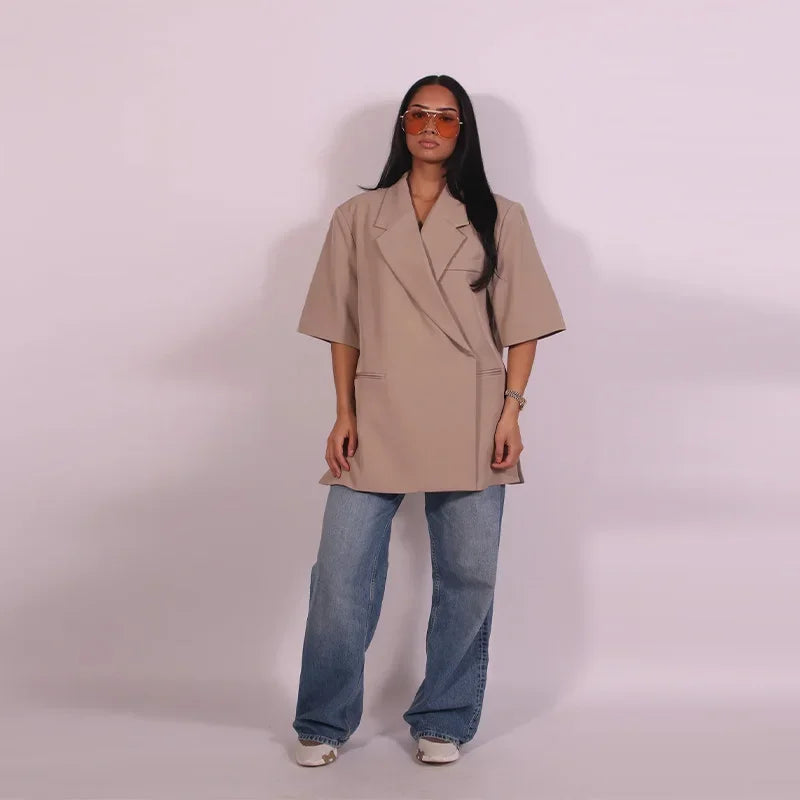 Casual One Button Slit Suit Women Loose Solid Lapel Short Sleeve Pockets Jackets  Summer Lady All-match Commute Outwear New