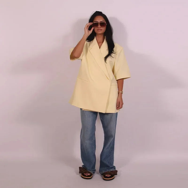 Casual One Button Slit Suit Women Loose Solid Lapel Short Sleeve Pockets Jackets  Summer Lady All-match Commute Outwear New