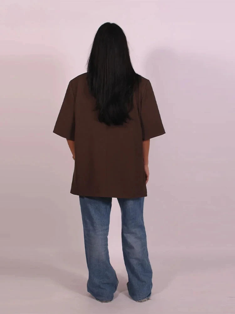 Casual One Button Slit Suit Women Loose Solid Lapel Short Sleeve Pockets Jackets  Summer Lady All-match Commute Outwear New