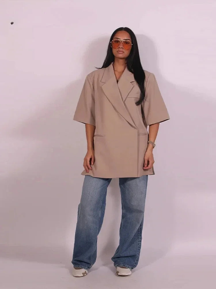 Casual One Button Slit Suit Women Loose Solid Lapel Short Sleeve Pockets Jackets  Summer Lady All-match Commute Outwear New
