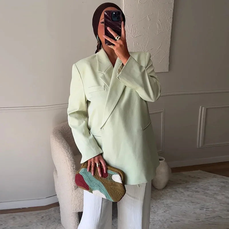 Casual One Button Slit Suit Women Loose Solid Lapel Short Sleeve Pockets Jackets  Summer Lady All-match Commute Outwear New