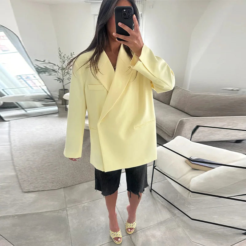 Casual One Button Slit Suit Women Loose Solid Lapel Short Sleeve Pockets Jackets  Summer Lady All-match Commute Outwear New