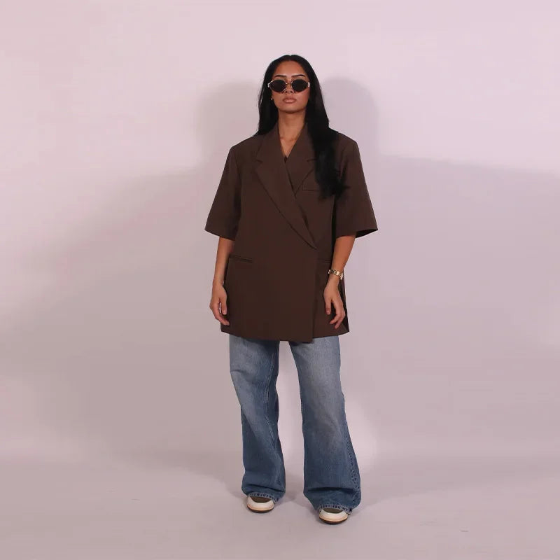 Casual One Button Slit Suit Women Loose Solid Lapel Short Sleeve Pockets Jackets  Summer Lady All-match Commute Outwear New