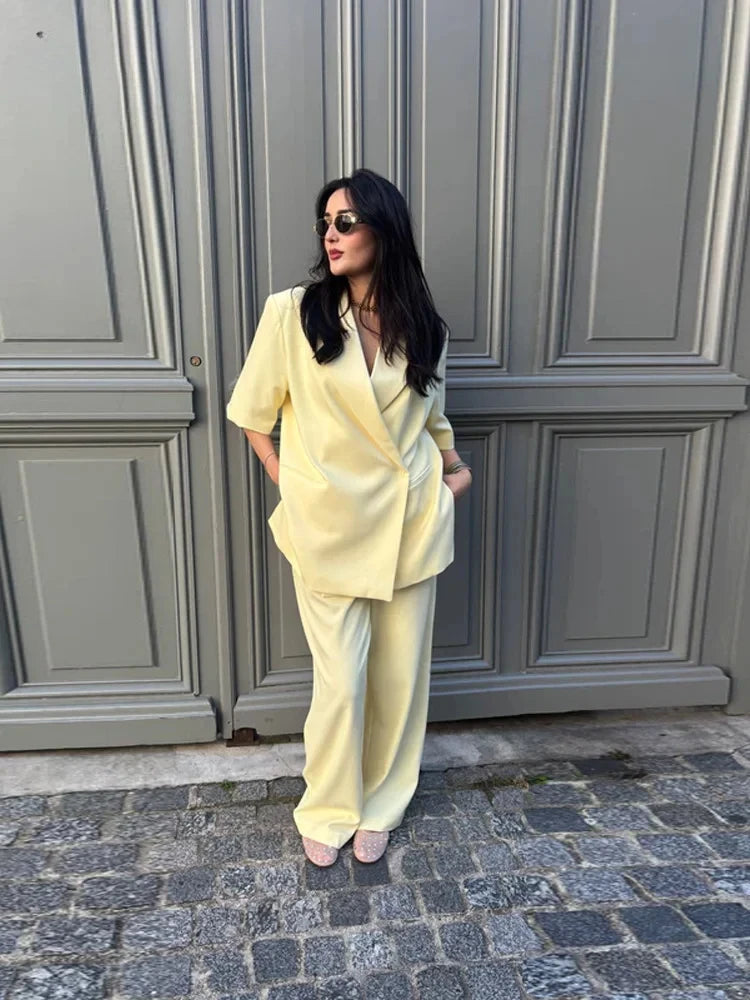 Casual One Button Slit Suit Women Loose Solid Lapel Short Sleeve Pockets Jackets  Summer Lady All-match Commute Outwear New