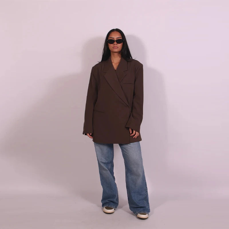 Casual One Button Slit Suit Women Loose Solid Lapel Short Sleeve Pockets Jackets  Summer Lady All-match Commute Outwear New
