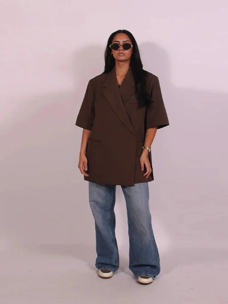 Casual One Button Slit Suit Women Loose Solid Lapel Short Sleeve Pockets Jackets  Summer Lady All-match Commute Outwear New